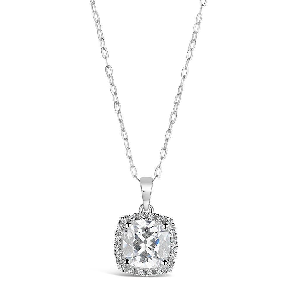 9ct White Gold Cushion Cubic Zirconia Cluster Pendant (Chain Included)