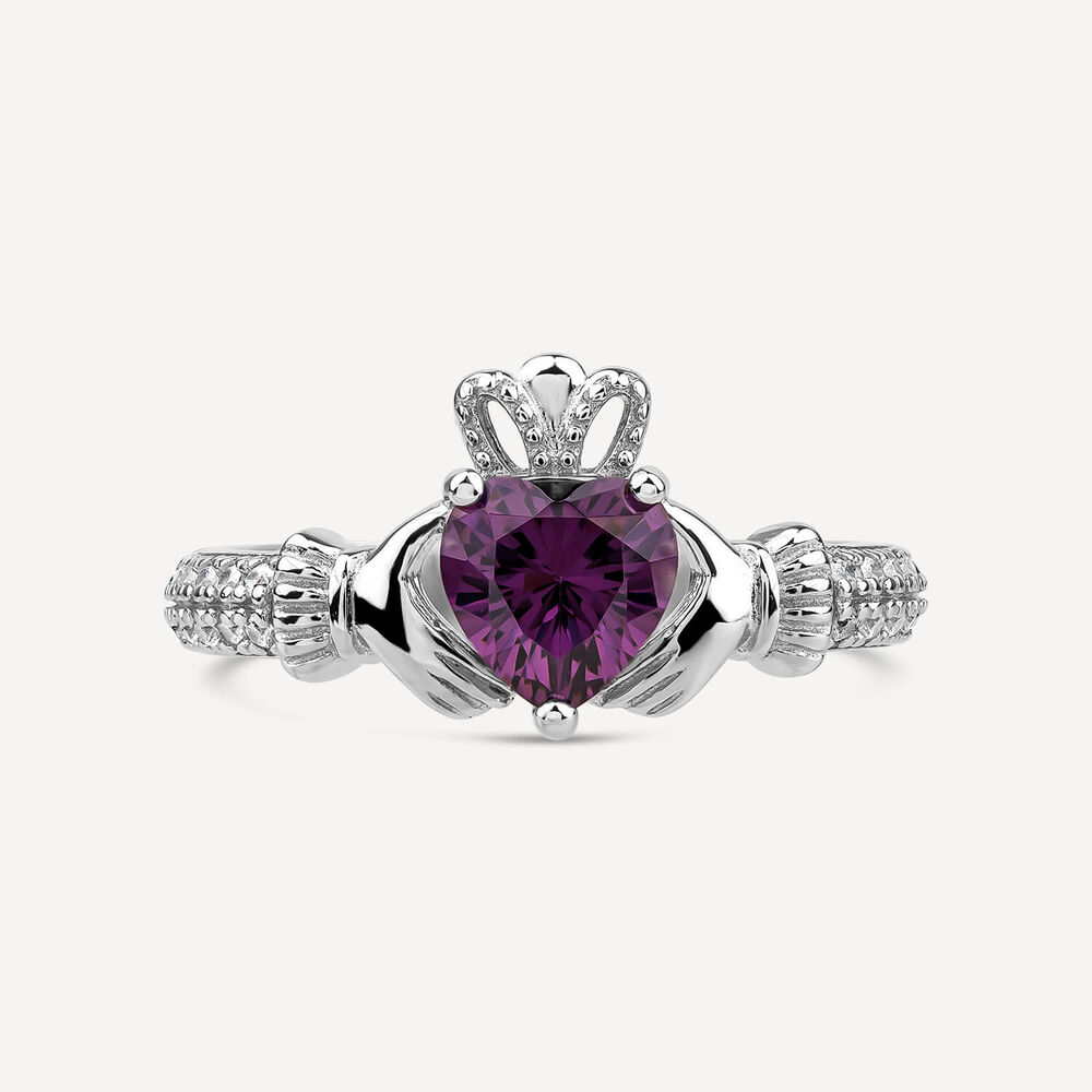 Sterling Silver Claddagh Birthstone February Cubic Zirconia Shoulder Set Ring image number 1