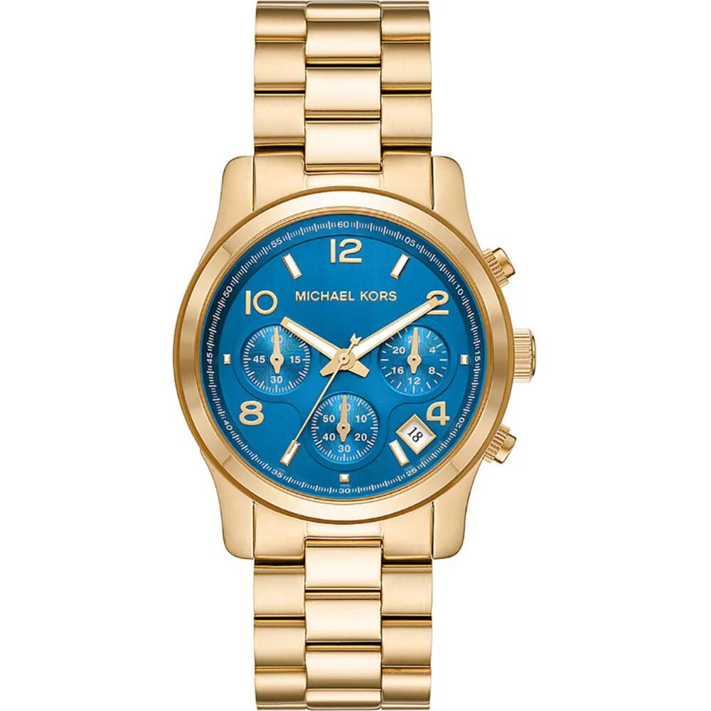 Michael Kors Runway 38mm Blue Chronograph Dial Rose Gold PVD Bracelet Watch