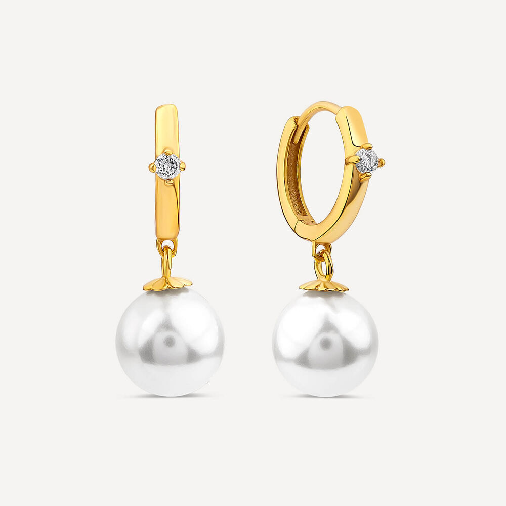 Yellow Gold Plated Sterling Silver Hoop Cubic Zirconia & Pearl Drop Earrings
