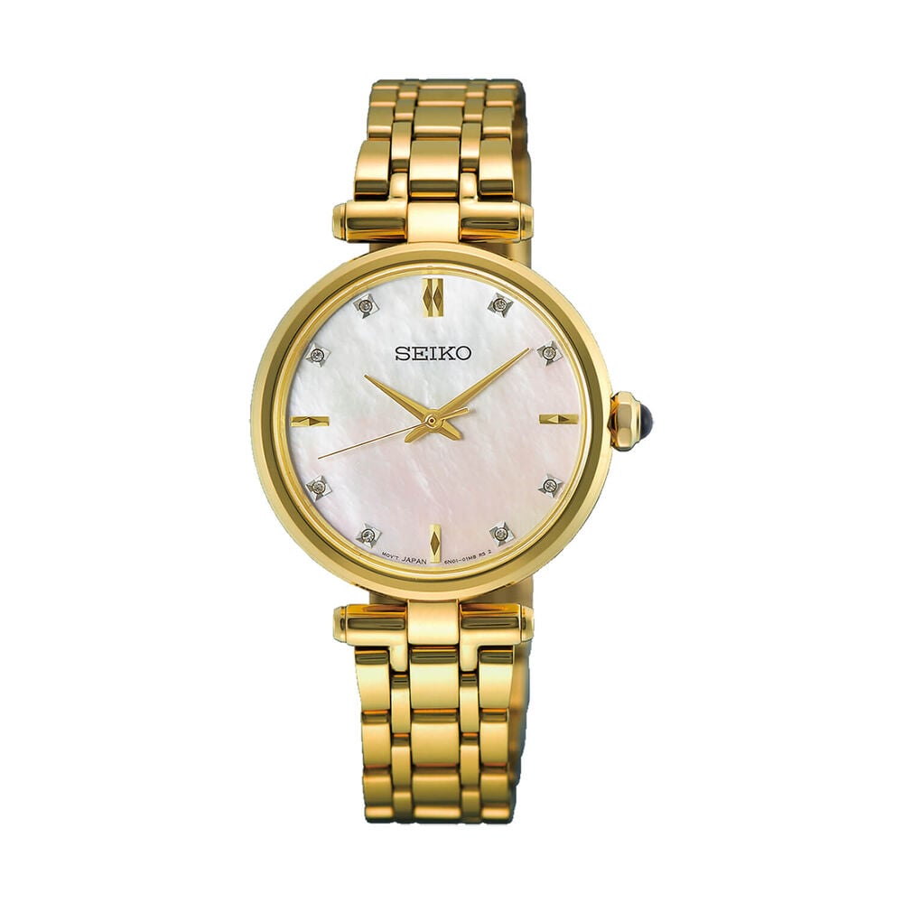 Seiko 29mm Mother of Pearl Dial Gold Tone Stainless Steel Bracelet Watch