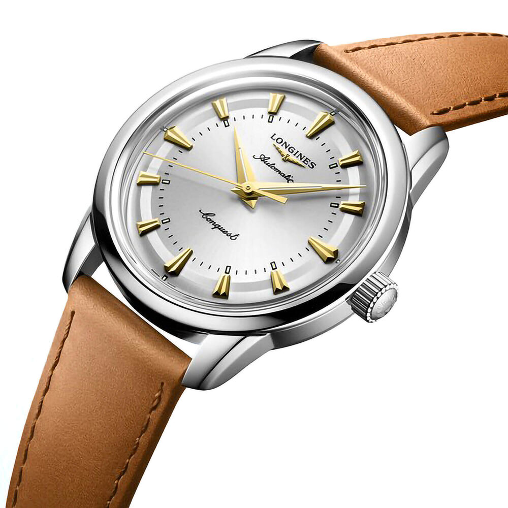 Longines Conquest Heritage 38mm Silver Dial Brown Leather Strap Watch image number 1