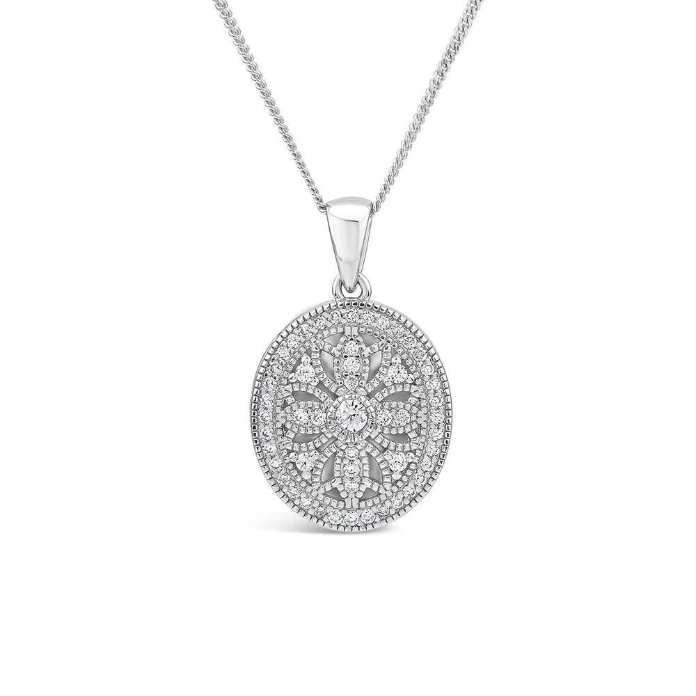 Sterling Silver Small Cubic Zirconia Antique Design Oval Locket Pendant image number 0