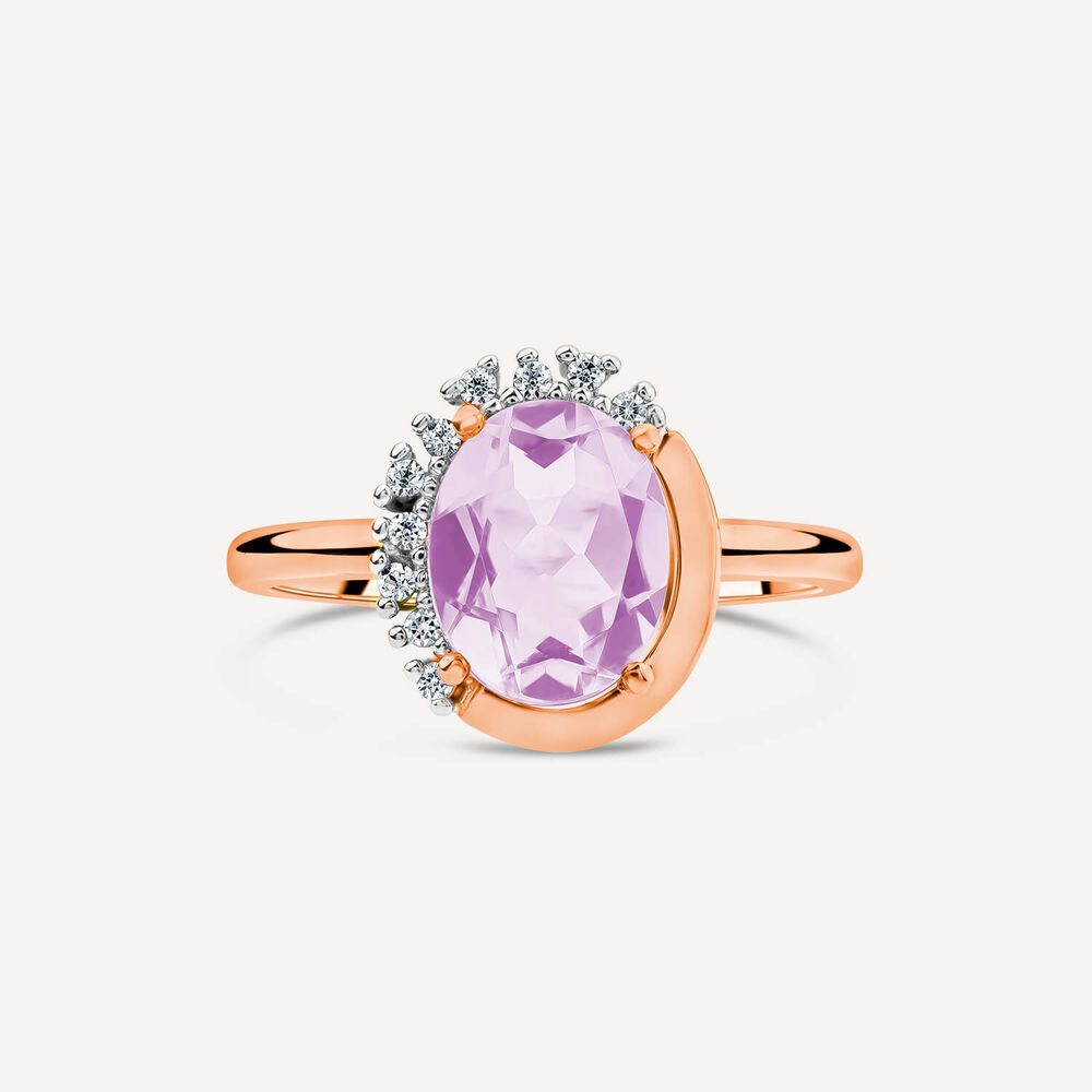 9ct Rose Gold Oval Amethyst & Half Set Diamond Surrounded Ring