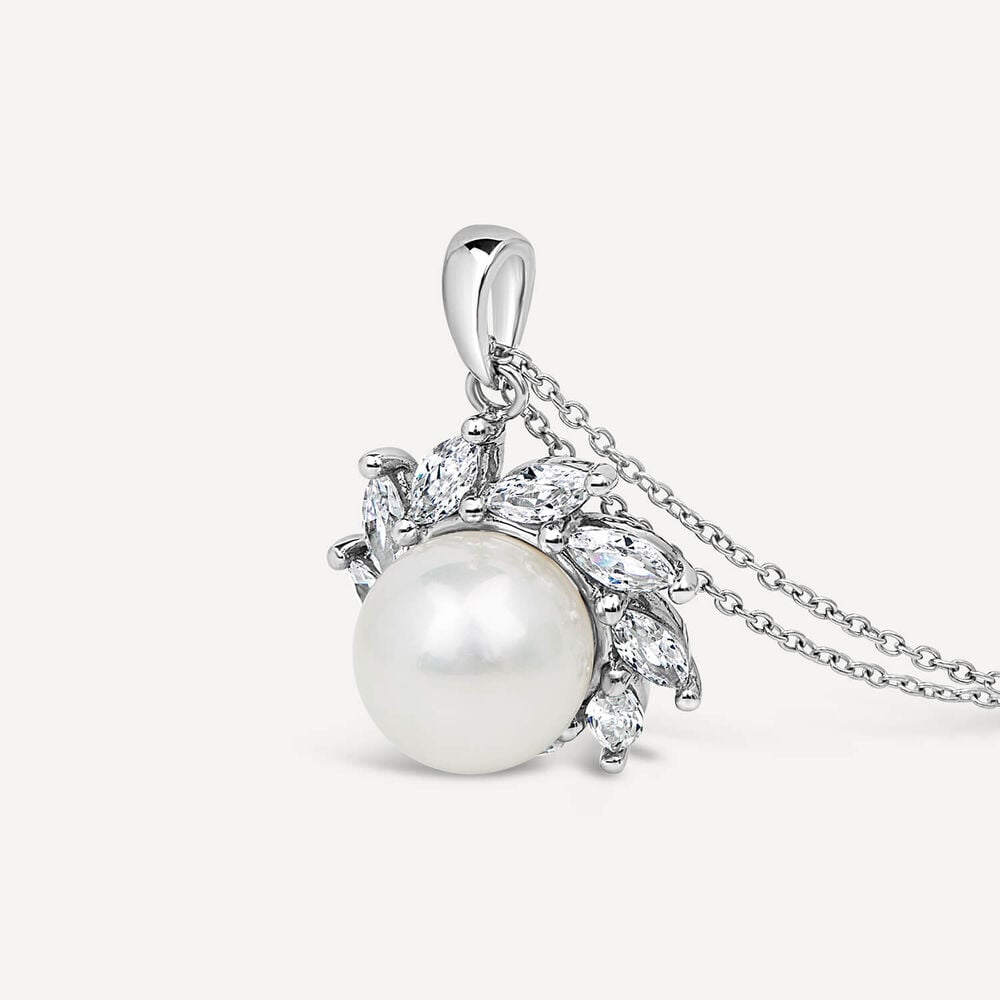 Sterling Silver Pearl With Marquis Cubic Zirconia Surrounding Pendant