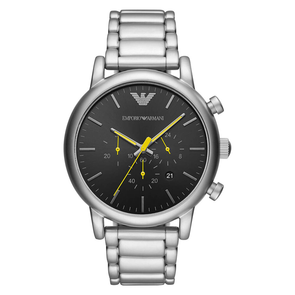 Emporio Armani Mario 46mm Black Dial Chronograph Yellow Detail Steel Case Bracelet Watch