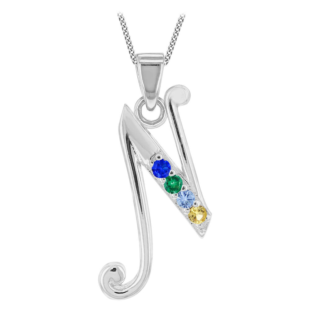 Sterling Silver Coloured Stone Set Initial "N" Pendant - Chain Included image number 0