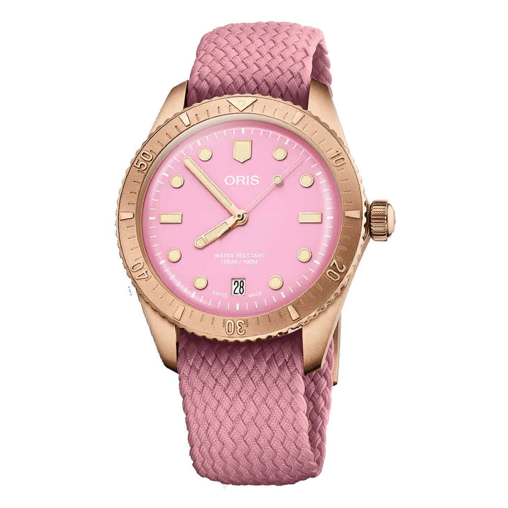 Oris Divers Sixty-Five 38mm Pink Dial Perlon Strap Watch
