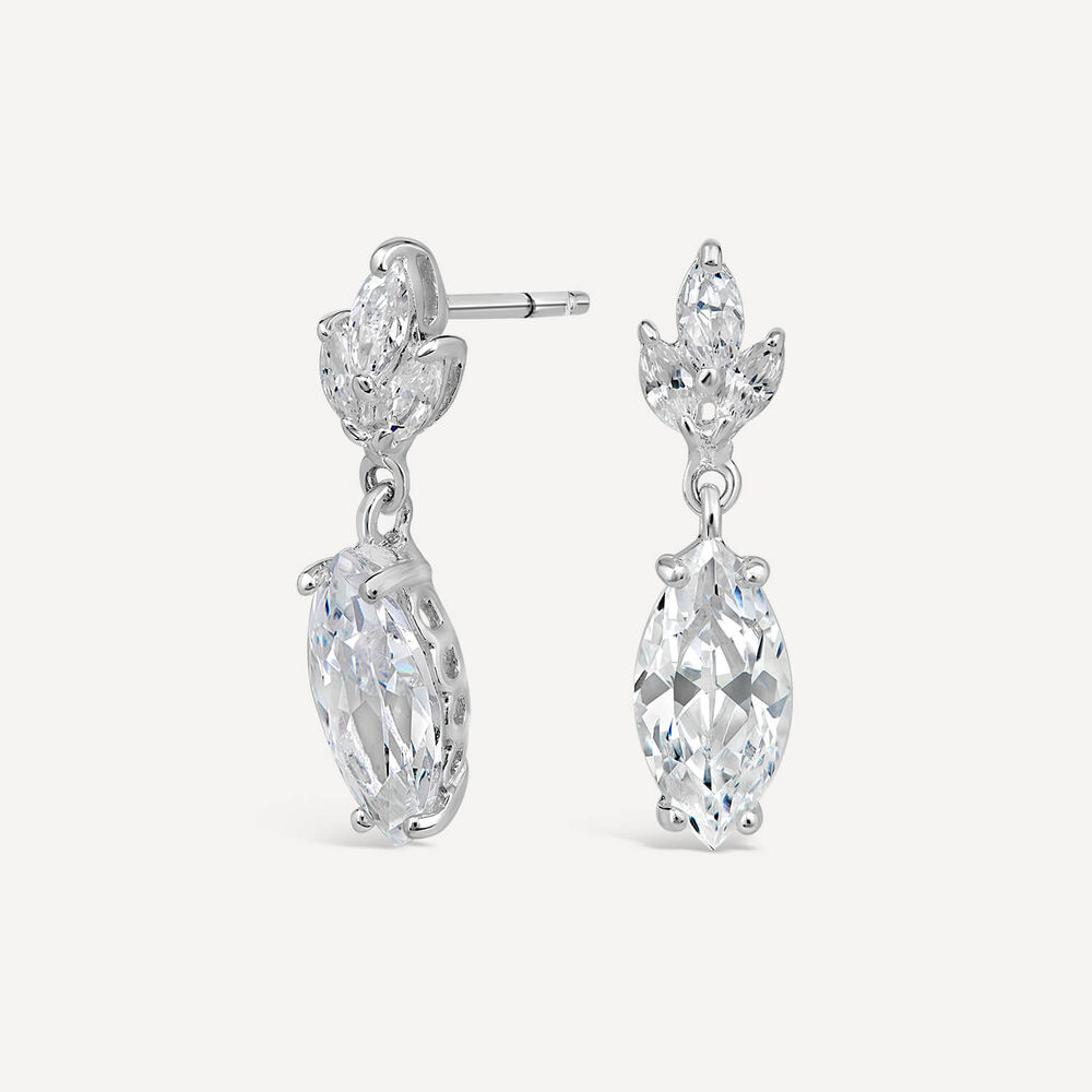 Sterling Silver Marquis Cubic Zirconia With Three Leaves Cubic Zirconia Top Earrings