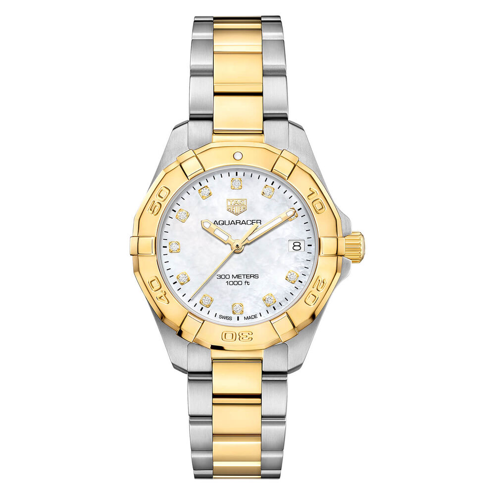 TAG Heuer Aquaracer 32mm Mother of Pearl Diamond Dot Dial Yellow Gold PVD Case Bracelet Watch