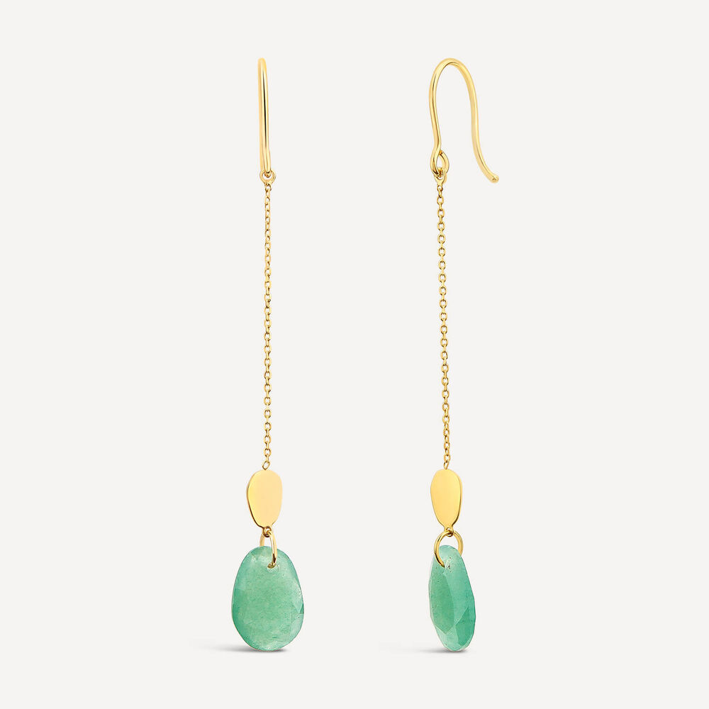 9ct Yellow Gold Polished Disc & Aventurine Verde Green Pebble Drop Earrings image number 1