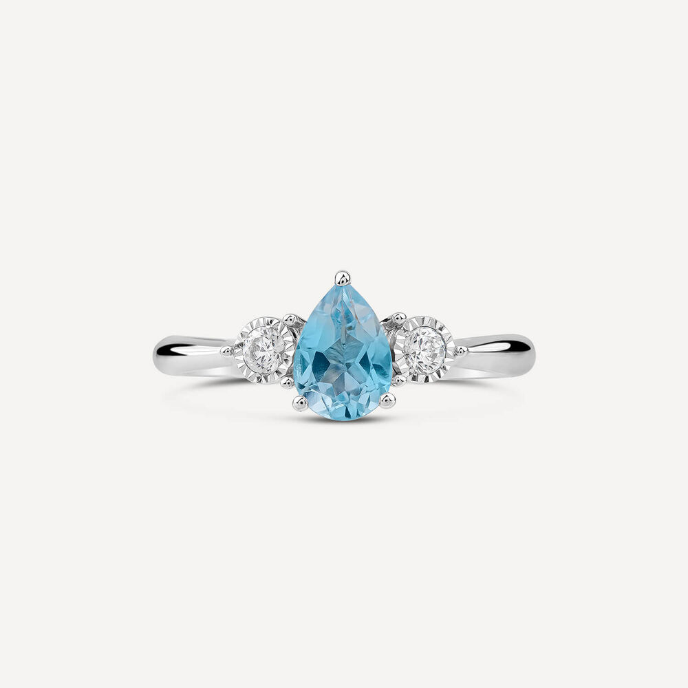 9ct White Gold Pear Blue Topaz 0.12ct Diamond Sides Ring image number 1