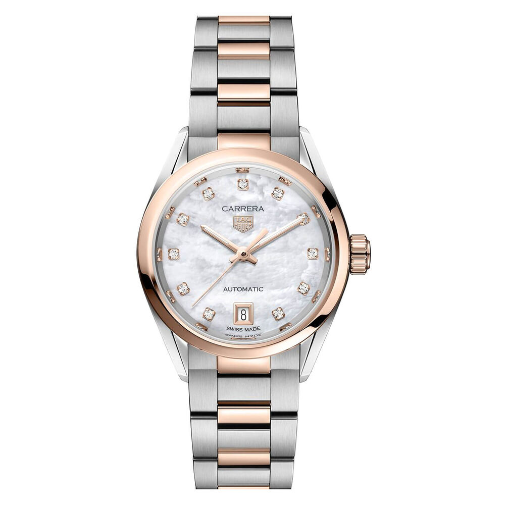 TAG Heuer Carrera Date 29mm MOP Dial Diamond Dots Stainless Steel & Rose Gold Bracelet Watch image number 0