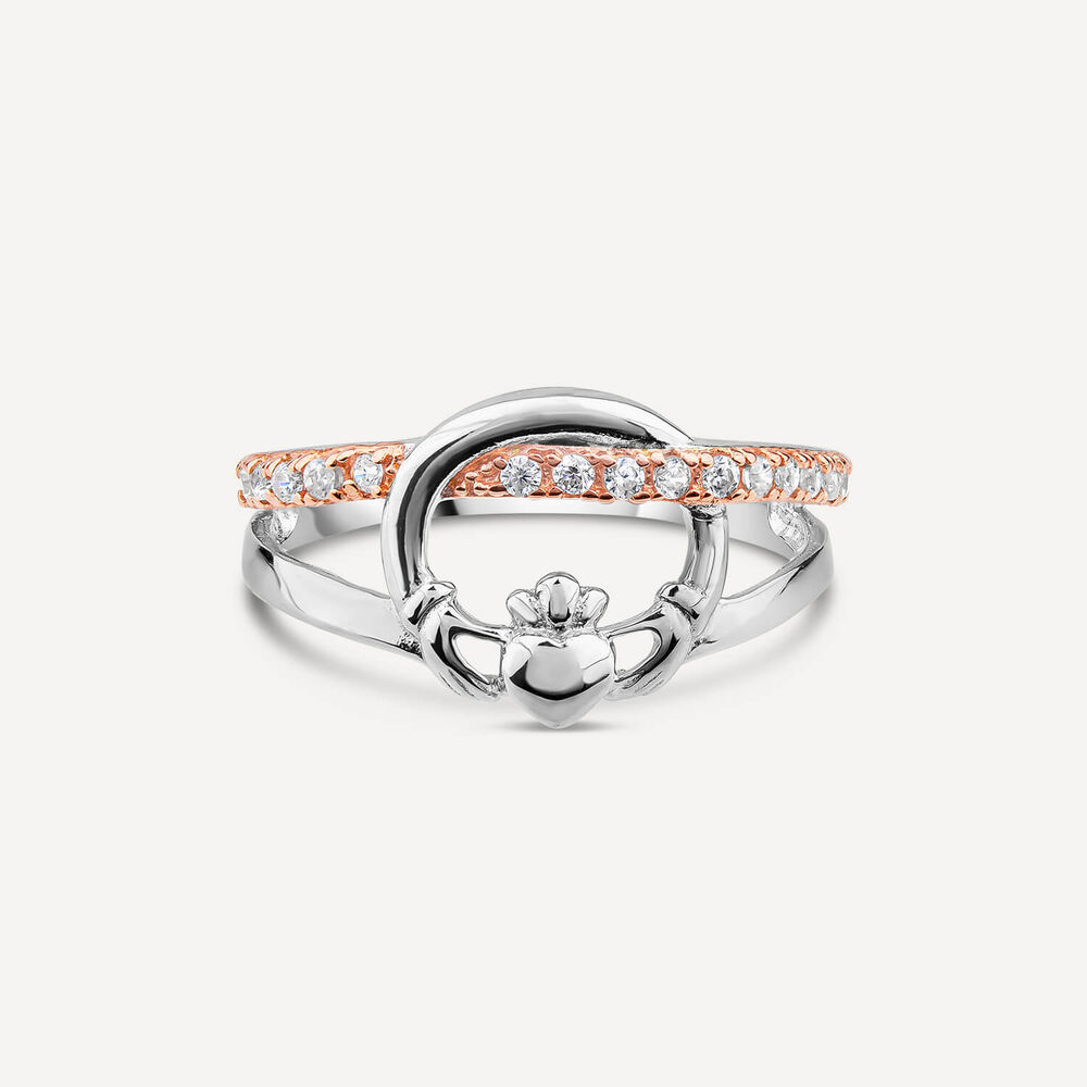 Sterling Silver Rose Gold Plated Cubic Zirconia Claddagh Ring image number 1
