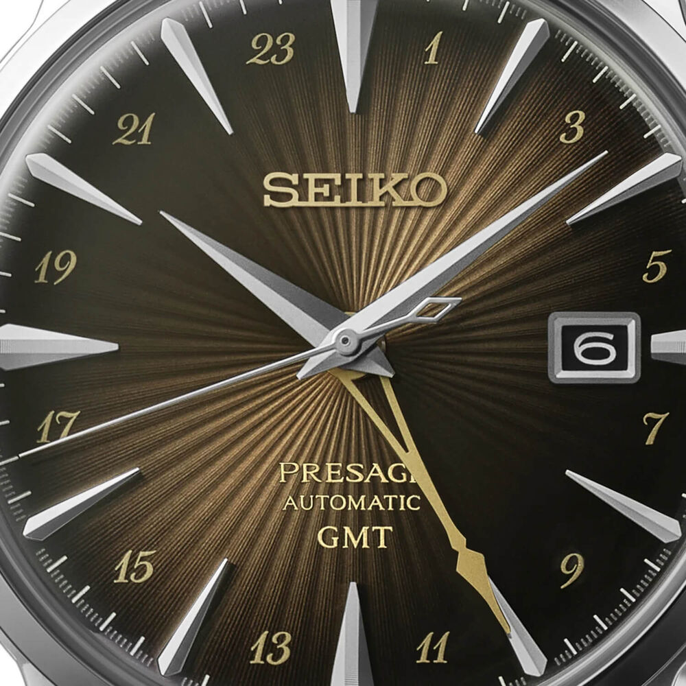 Seiko Presage Cocktail Time 'Rusty Nail' GMT 40.5mm Gradation Brown Dial Leather Strap Watch image number 1