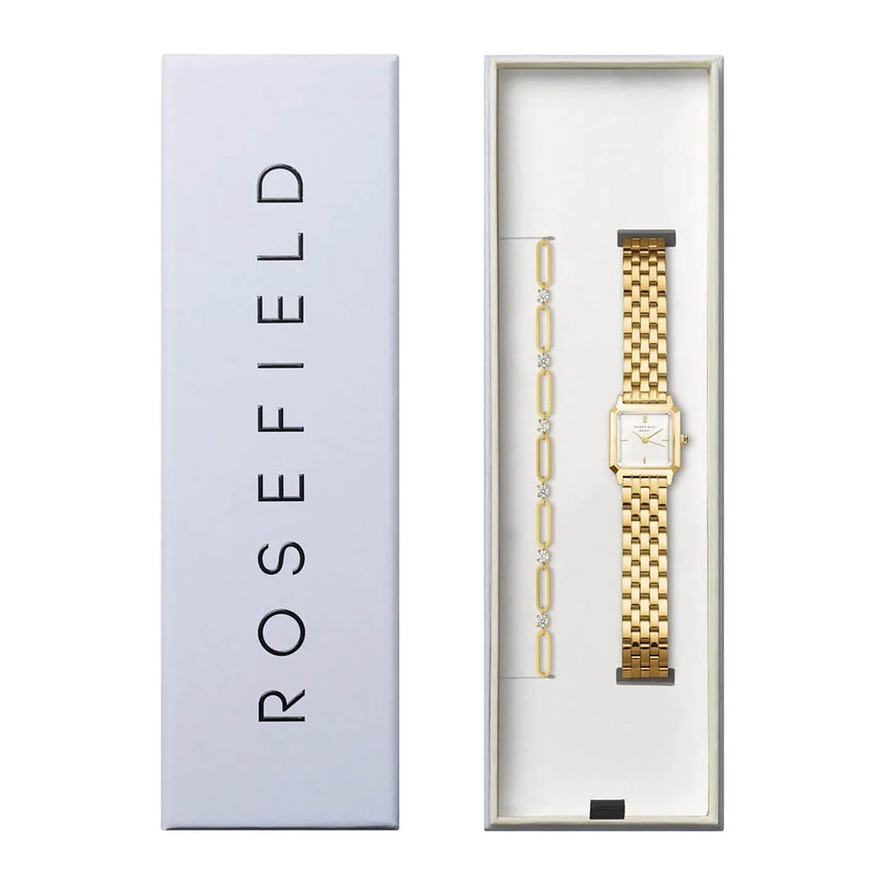 Rosefield Boxelle 19.5mm White Dial Gold Tone Bracelet Watch & Paperclip Bracelet Gift Set