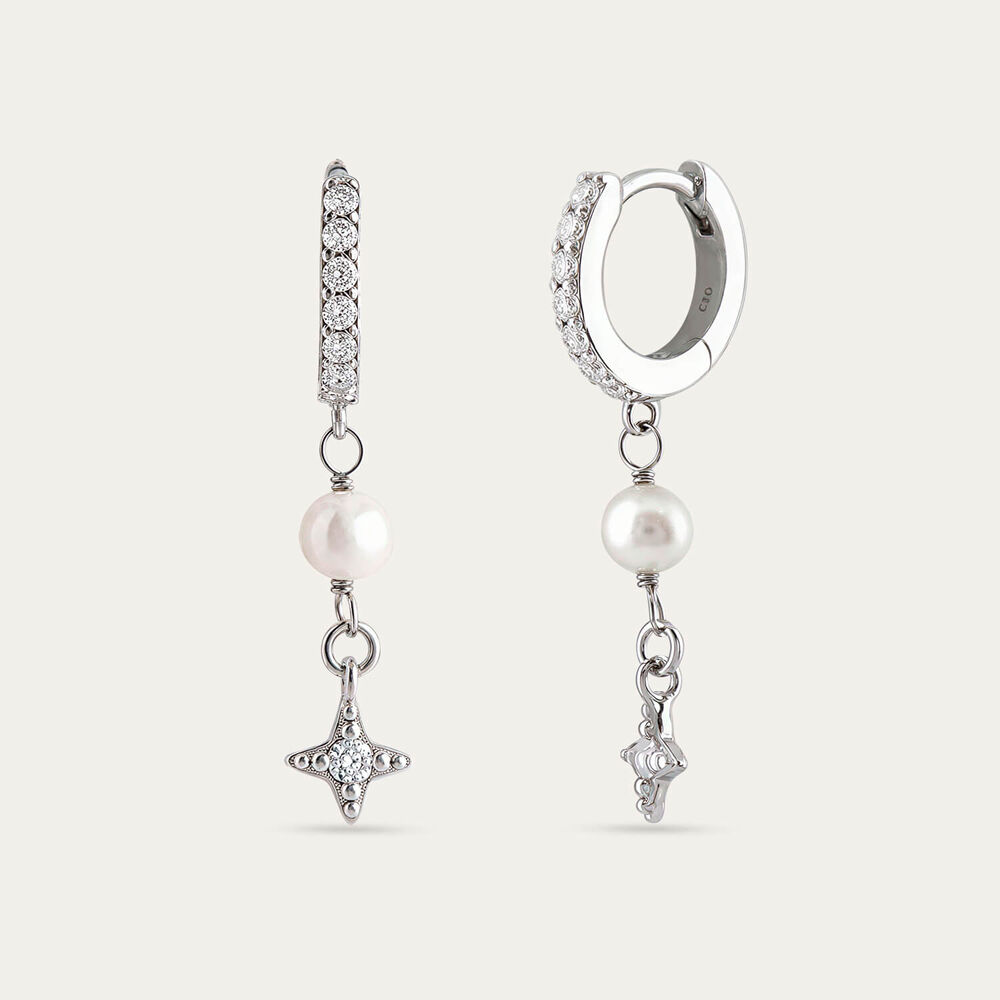 Sterling Silver Pearl & Cubic Zirconia Star Huggie Earrings