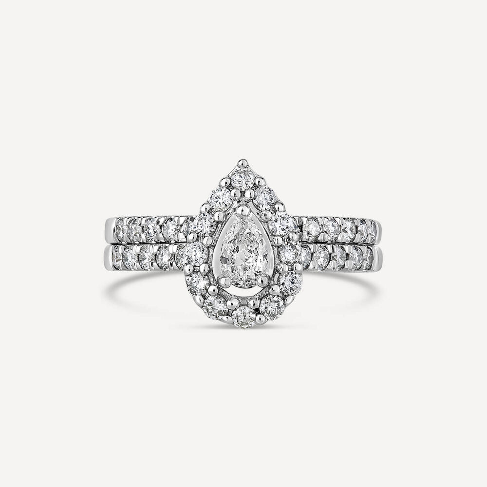 18ct White Gold With 1 Carat Pear Shaped Diamond Halo Cluster Stone Set Bridal Ring