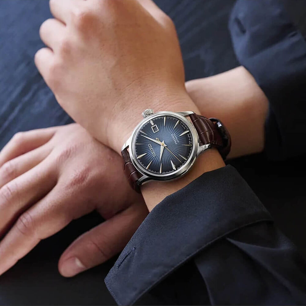 Seiko Presage Cocktail Time "Blue Moon" 40.5mm Blue Dial Brown Strap Watch image number 2