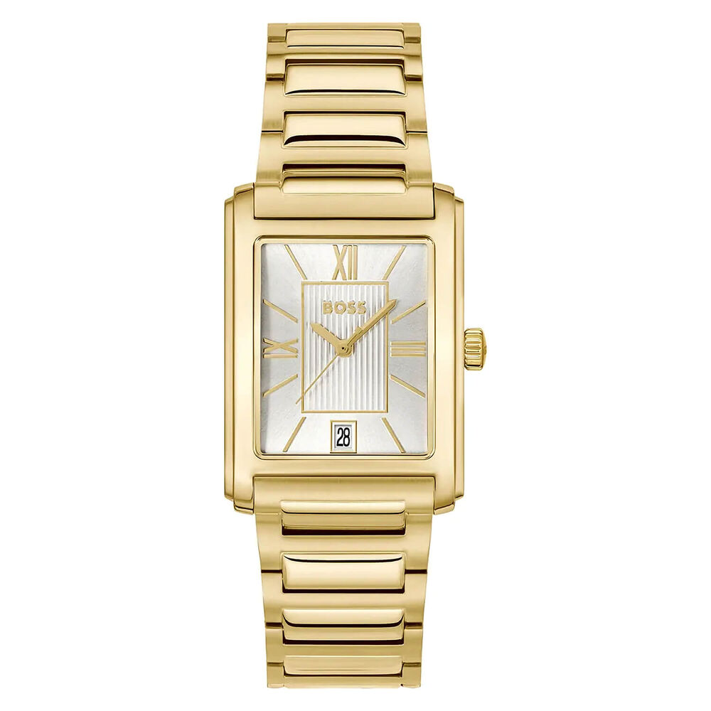 BOSS Principle Dress 28x39mm Rectangular Silver Dial Gold Tone Steel Bracelet Watch image number 0