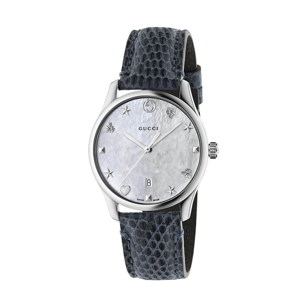 Pre-Owned Gucci G-Timeless 29mm Mother of Pearl Dial Blue Leather Strap Watch