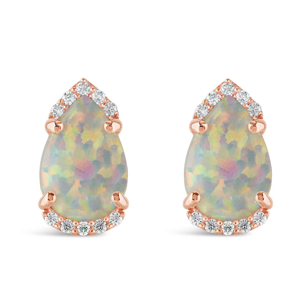 9ct Rose Gold Pear Opal Diamond Top & Bottom Stud Earrings image number 0