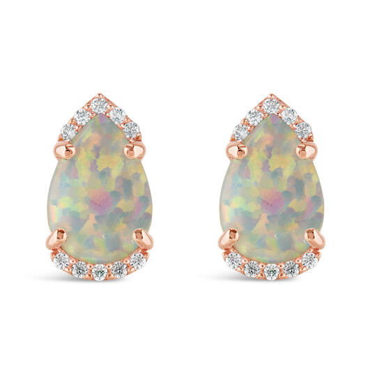 9ct Rose Gold Pear Opal Diamond Top/Bottom Stud Earrings