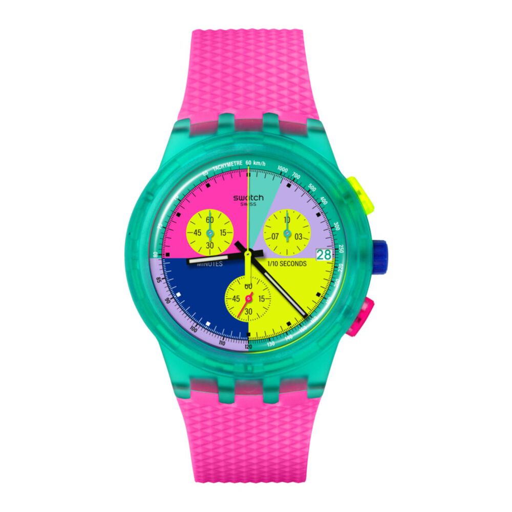 Swatch Neon Flash Arrow Chronograph 42mm Multi-Coloured Dial Pink Silicone Strap Watch image number 0