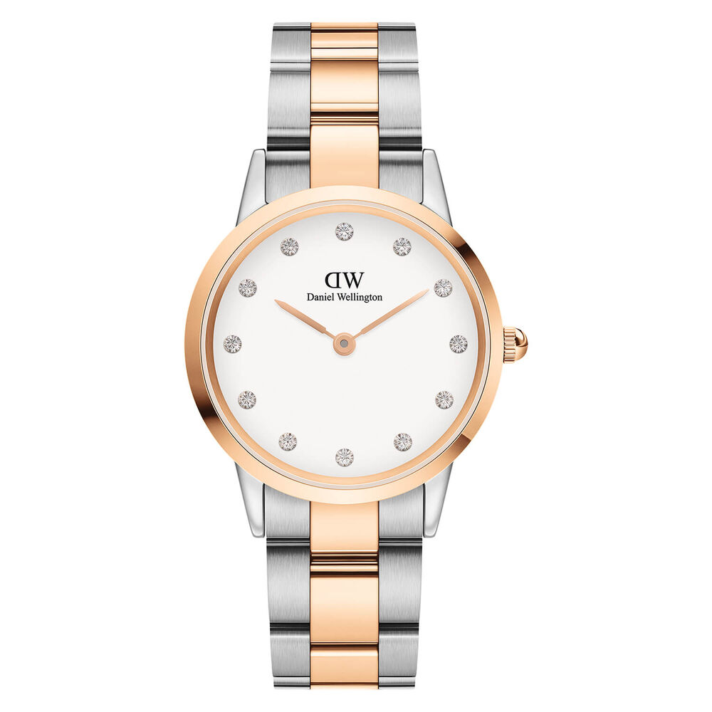 Daniel Wellington Iconic Link Lumine 32mm White Dial Cubic Zirconia Steel Rose Gold Case Bracelet Watch