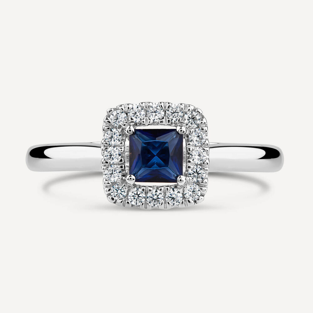 Tulip Setting 18ct White Gold Princess Sapphire & 0.15ct Diamond Halo Ring image number 1