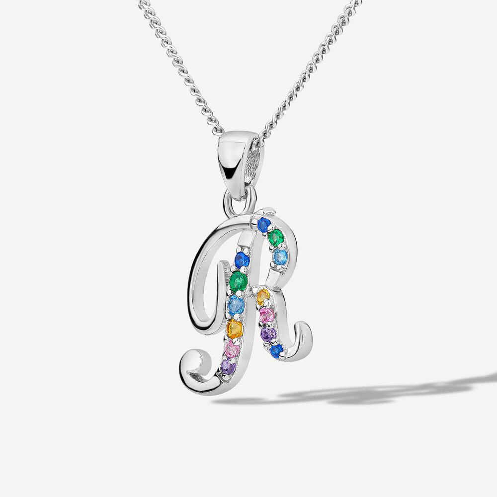 Sterling Silver Coloured Stone Set Initial R Pendant (Chain Included)