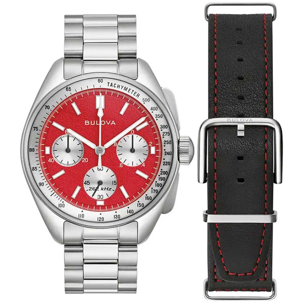 Bulova Lunar Pilot Chronograph Blood Moon 44mm Red Dial Steel Bracelet Watch image number 3
