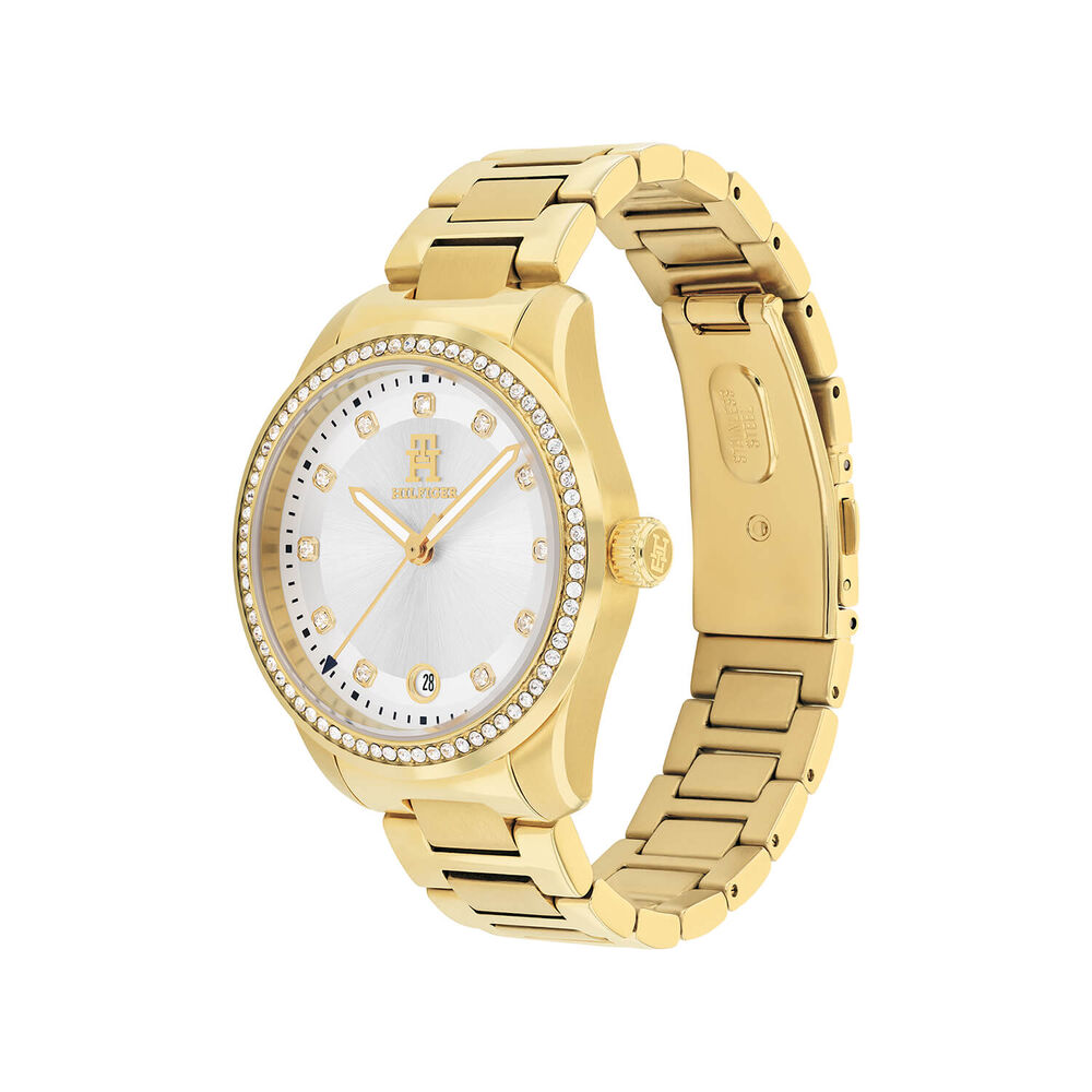 Tommy Hilfiger 36mm Silver Dial Crystal Set Bezel Gold Tone Steel Bracelet Watch image number 1