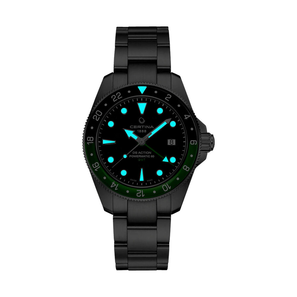 Certina DS Action GMT Powermatic 80 41mm Black Dial Green & Black Bezel Steel Bracelet Watch image number 1