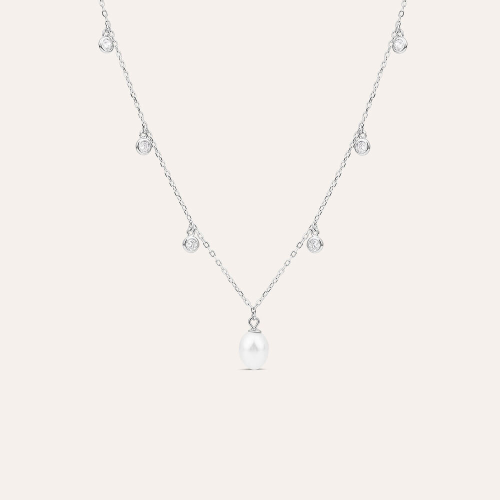 Sterling Silver Freshwater Pearl & Cubic Zirconia Droplets Necklet