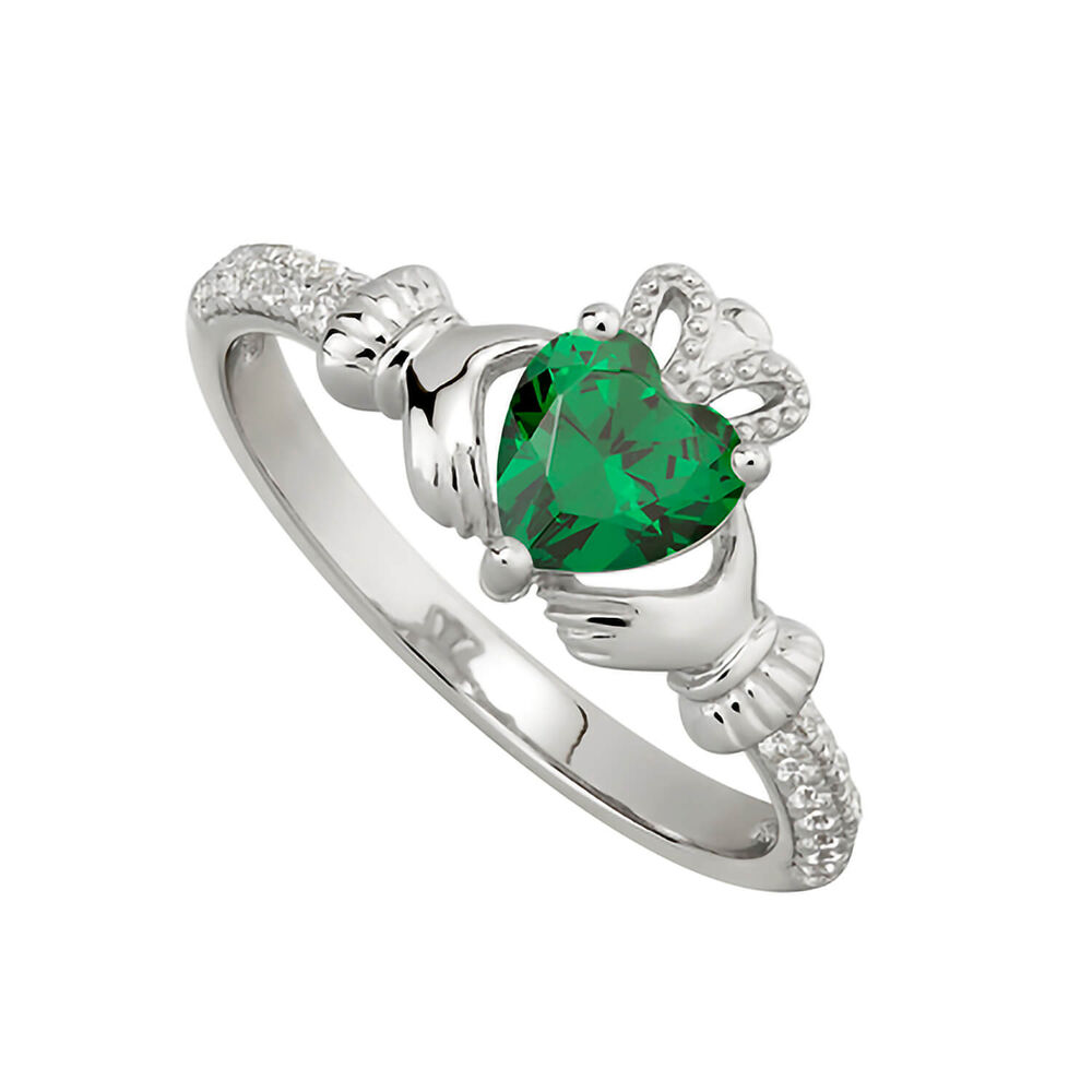 Sterling Silver Claddagh Birthstone May Cubic Zirconia Shoulder Set Ring image number 0