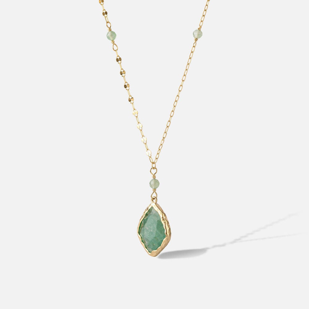 9ct Yellow Gold Beaded Chain Green Aventurine Pendant