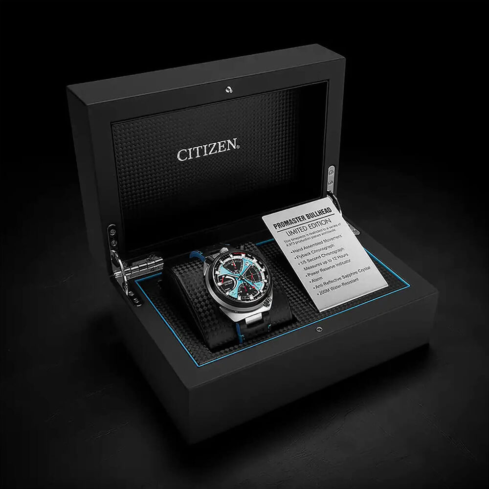Citizen Promaster Bullhead Racing Chronograph 45mm Blue Dial Black Leather Strap Watch image number 5