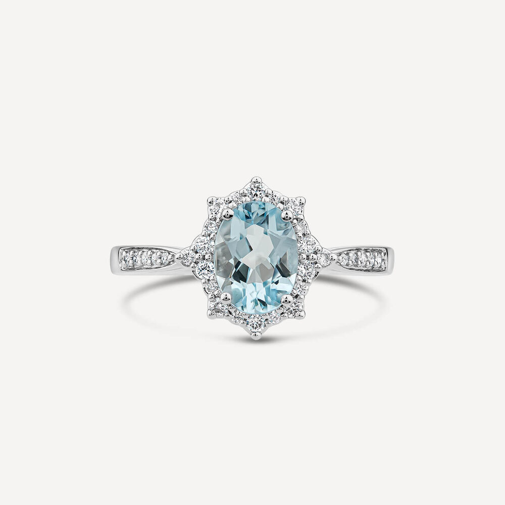 9ct White Gold 0.19ct Oval Aquamarine & Diamond Star Halo Ring image number 1