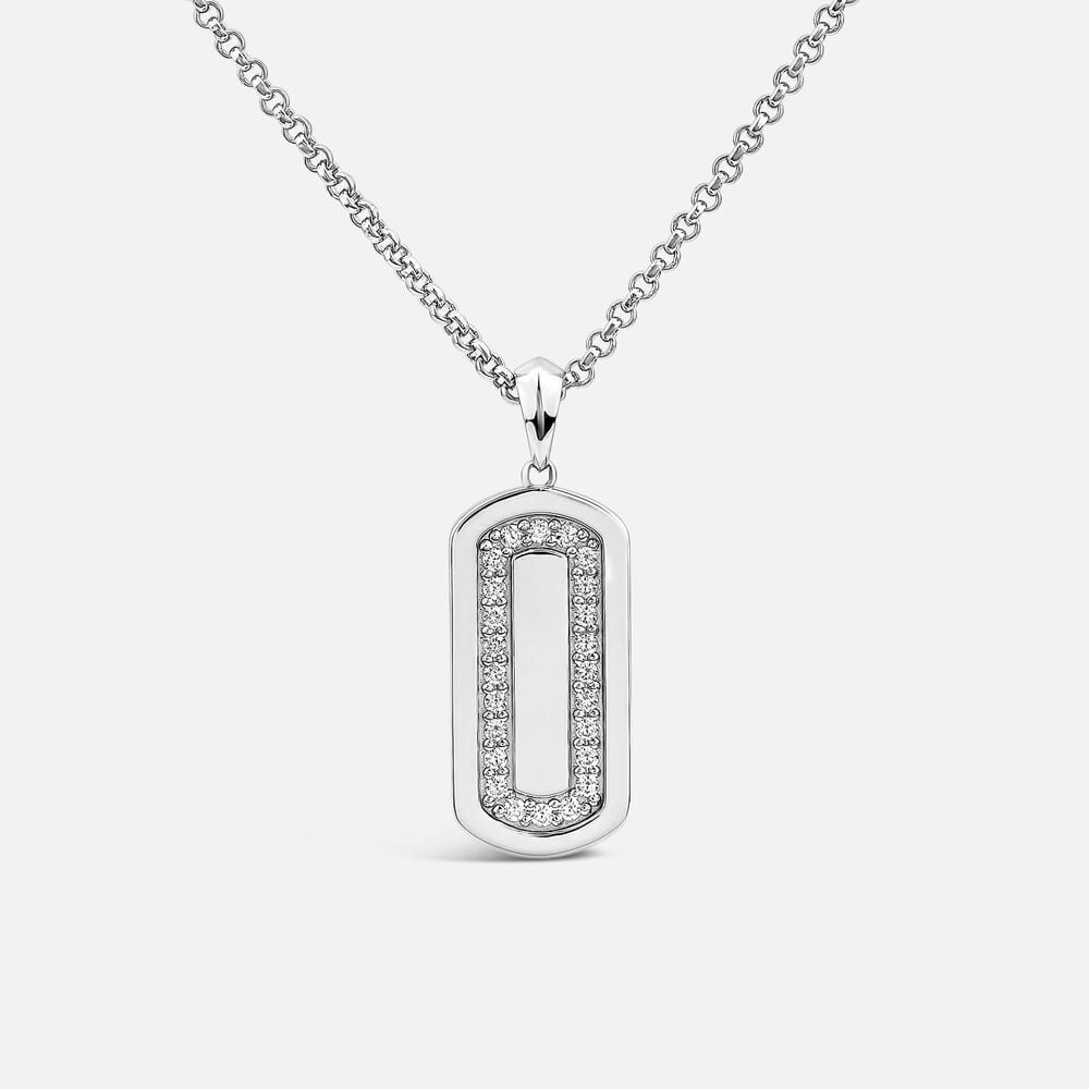 Sterling Silver Pave Cubic Zirconia Rectangular Disc Belcher Chain Pendant