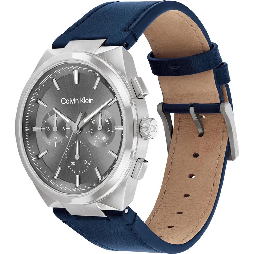 Calvin Klein 44mm Grey Dial Blue Leather Strap Watch