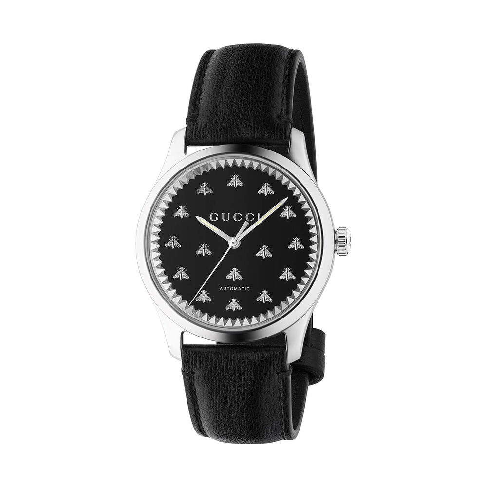 Pre-Owned Gucci G-Timeless 42mm Black Onyx Dial Black Leather Strap Watch