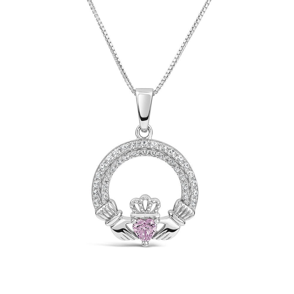Sterling Silver February Birthstone Pave Cubic Zirconia Claddagh Pendant image number 0