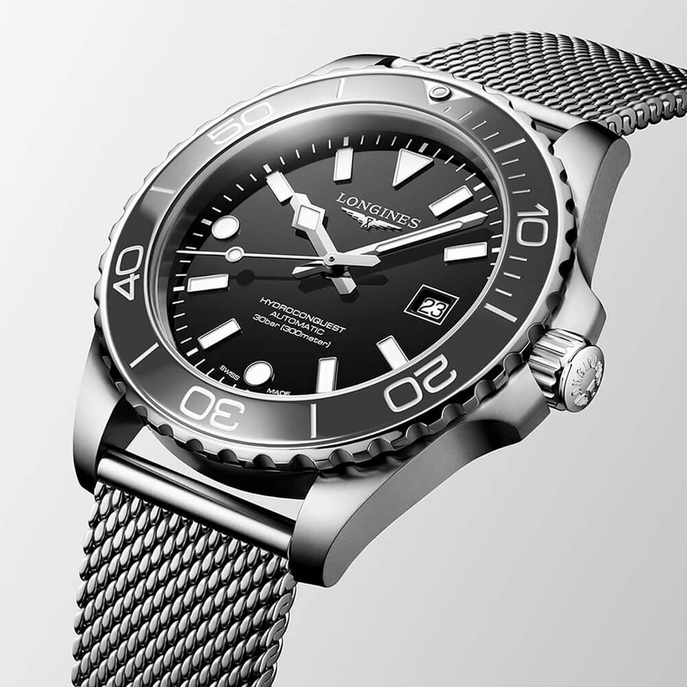 Longines HydroConquest 42mm Black Dial Grey Bezel Steel Bracelet Watch