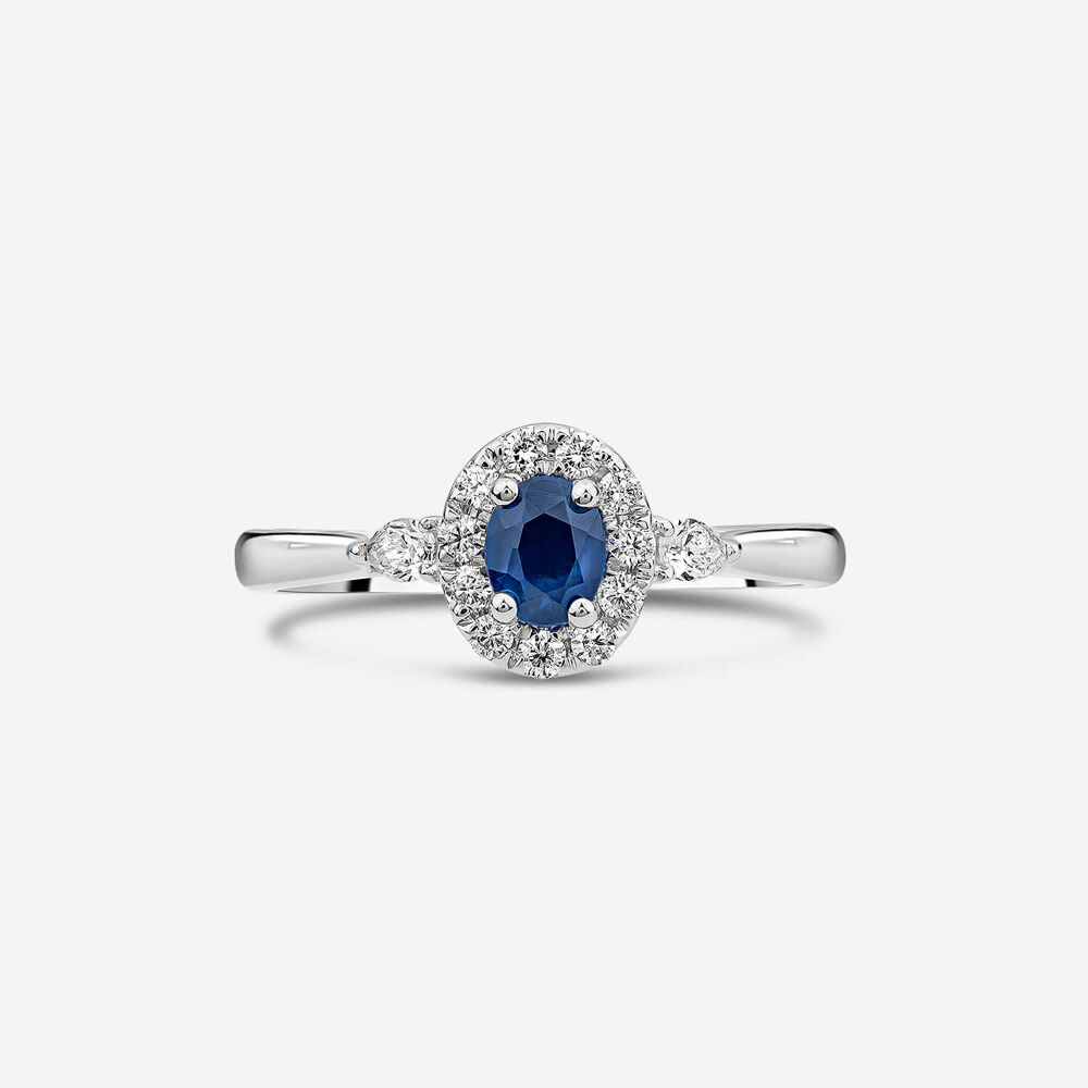 Kathy de Strafford 18ct White Gold Oval Sapphire & 0.30ct Pear Diamond Shoulders Ring