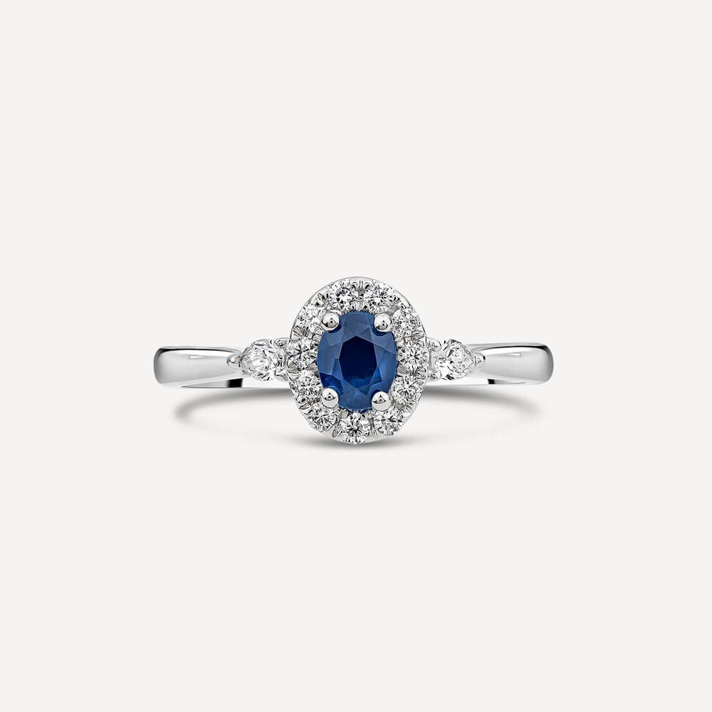 Kathy de Strafford 18ct White Gold Oval Sapphire & 0.30ct Pear Diamond Shoulders Ring