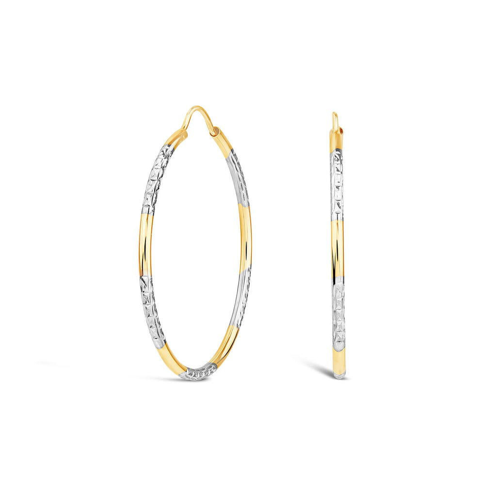 9ct Yellow & White Gold 30mm Diamond Cut & Polished Hoop Earrings