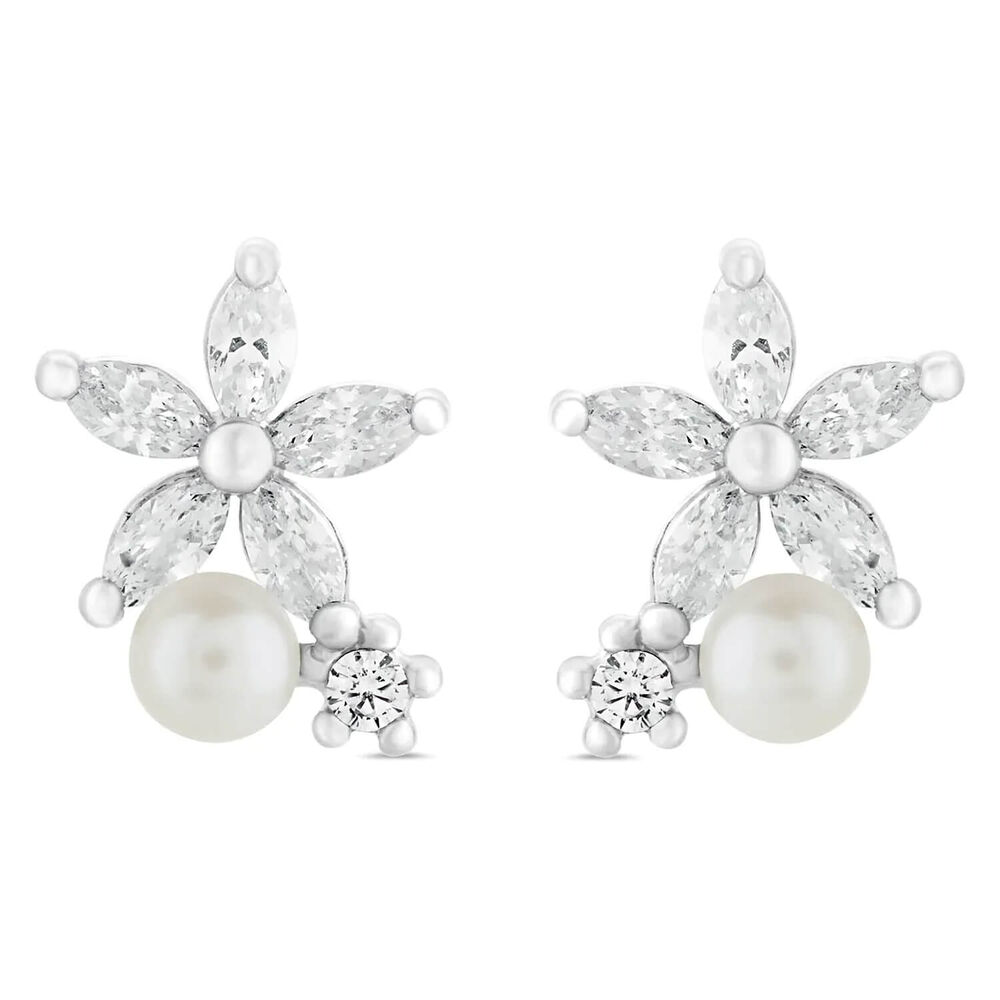 Sterling Silver Pearl and Cubic Zirconia Flower Earrings