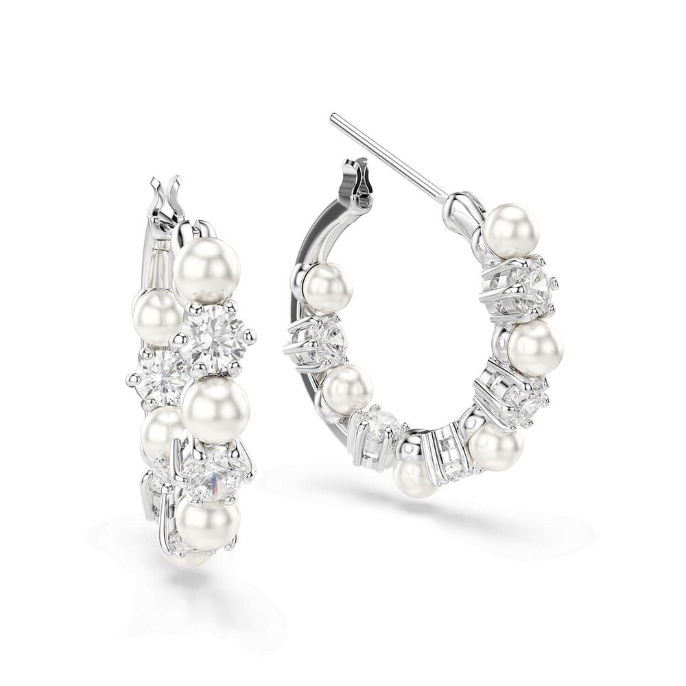 Swarovski Matrix Cubic Zirconia & Crystal Pearl Rhodium Plated Hoop Earrings