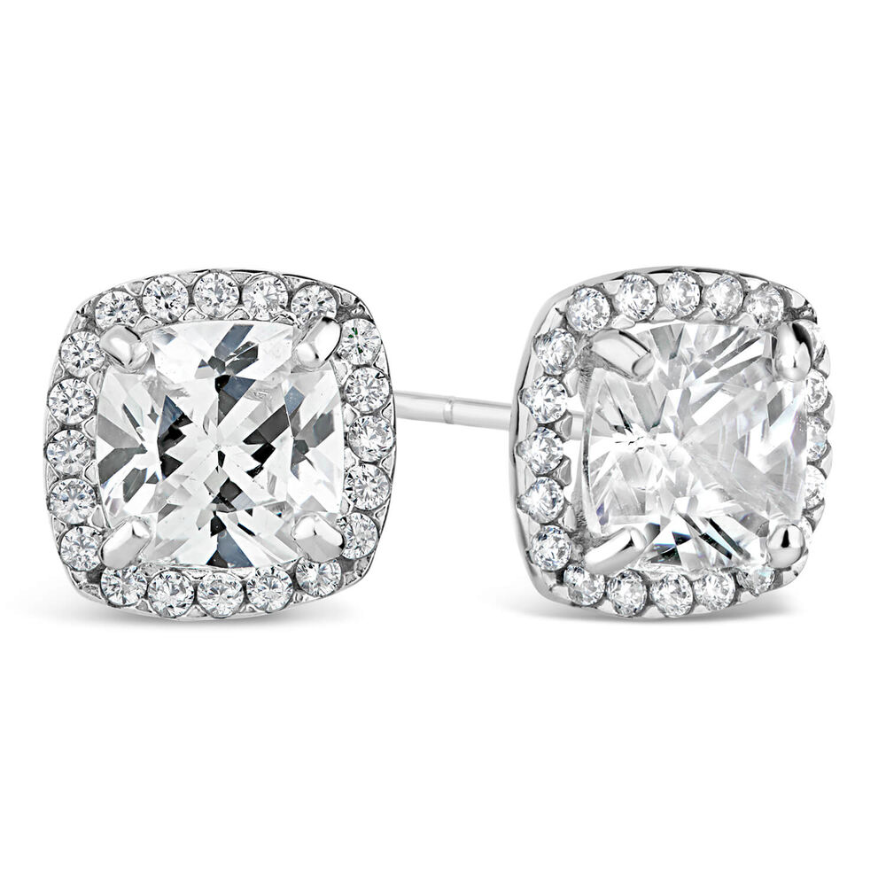 9ct White Gold Cushion Cubic Zirconia Cluster Stud Earrings image number 2
